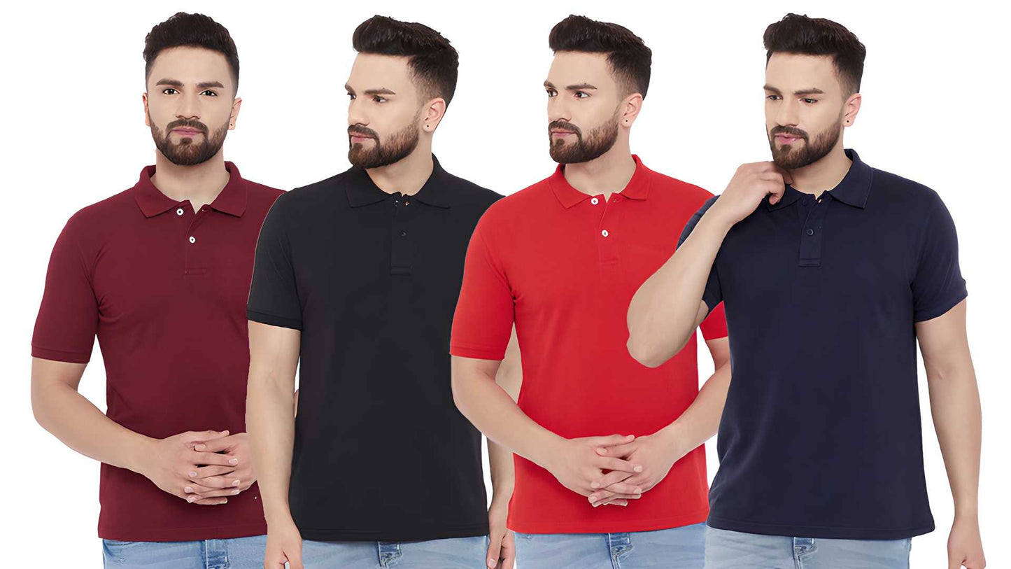 Cotton Blend Solid Half Sleeves Mens Polo Neck T-Shirt (Pack of 4)